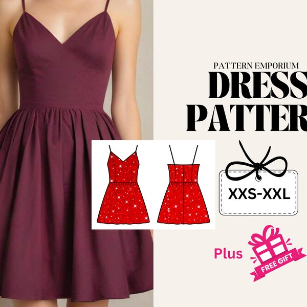Patrón de costura mini vestido, vestido escote en pico, patrón bustier, patrón digital PDF, patrones vestidos mujer, patrón fácil, falda fruncida