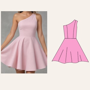 May include: A light pink one-shoulder dress with a fitted bodice and a flared skirt. The dress is shown on a person and as a flat illustration. The dress is a solid color and appears to be made of a smooth fabric.