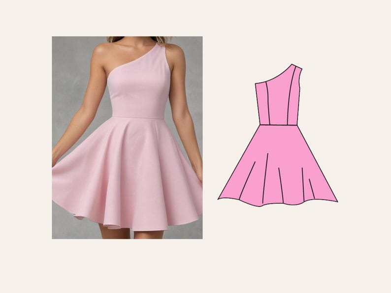 May include: A light pink one-shoulder dress with a fitted bodice and a flared skirt. The dress is shown on a person and as a flat illustration. The dress is a solid color and appears to be made of a smooth fabric.