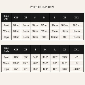 May include: A size chart from Pattern Emporium, displaying bust, waist, and hip measurements in both centimeters and inches. The chart includes sizes from XXS to XXL, with bust measurements ranging from 31.5 inches to 41 inches.