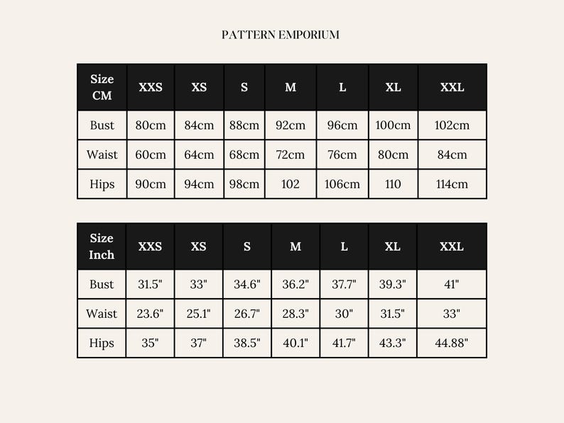 May include: A size chart from Pattern Emporium, displaying bust, waist, and hip measurements in both centimeters and inches. The chart includes sizes from XXS to XXL, with bust measurements ranging from 31.5 inches to 41 inches.