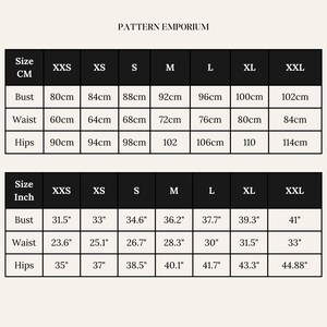 May include: A size chart from Pattern Emporium, displaying bust, waist, and hip measurements in both centimeters and inches. Sizes range from XXS to XXL. The chart is on a beige background.