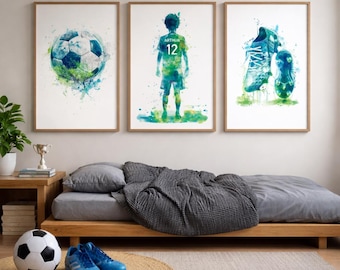 Personalized Soccer Wall Art Set of 3, Custom Name & Number Football Prints for Boys Bedroom Decor