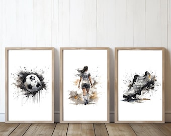 Personalised Football Girl Print, Custom Soccer Girl Wall Art, Set of 3 Woman Sports Nursery, Teen Girl Bedroom Decor, Gift for Her, Poster