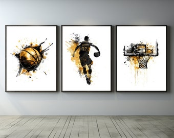 Personalized Basketball Prints Set: Black & Gold Teen Room Decor (Digital Download)