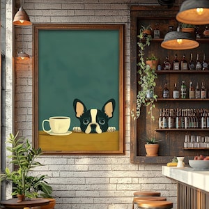フレンチブルドッグのコーヒーアートプリント、面白いフレンチブルドッグのウォールアート、かわいい犬とコーヒーのイラスト、バーカートの装飾、カフェのポスター、ペット愛好家へのギフト