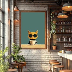 クールなオレンジ猫のコーヒーアートプリント、レトロなビストロポスター、風変わりな動物の壁飾り、楽しいコーヒー愛好家へのギフト、ユニークなホームアクセント