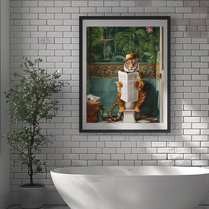 Tigre sulla toilette Stampa massimalista del bagno, Stampabile per il bagno della dopamina, Animale sulla toilette Divertente arte della parete del bagno, Giornale di lettura degli animali