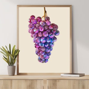 Retro Grapes Disco Ball Print, Glam Mirror Ball Bar Cart Poster, Fruit Poster Gift, Preppy Trendy Kitchen Decor, Retro Room Illustration