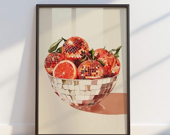 Disco Orange Wall Art, Retro Fruit Bowl Poster, Funky Kitchen Decor, Dopamine Aesthetic Print, Maximalist Food Wall Art, Printable Decor