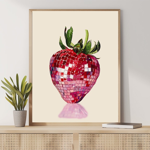 Estampa retrô de morango vermelho, arte de parede bege com frutas glam disco, pôster vintage feminino e elegante, decoração de cozinha em carrinho de bar descolado
