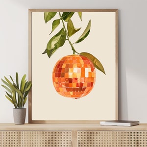 Retro pomarańczowa dyskotekowa lustrzana kula, plakat z lustrzanym koszykiem barowym, sztuka ścienna z owocami cytrusowymi, wystrój domu z jedzeniem w stylu funky, prezent dla niej