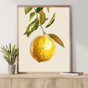 Retro Lemon Disco Mirror Ball Print, plakat z lustrzaną kulą z jedzeniem i napojami, plakat z lustrzaną kulą z jedzeniem i piciem, sztuka ścienna z owocami cytrusowymi, prezent z odjechanym wystrojem domu