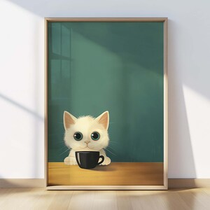 Cat & Coffee Art Print, White Cat Print of Coffee Drinking, Cat Coffee Lover Gift, Bistro Coffee Posters, Modern Kitchen Decor, Gift for Her