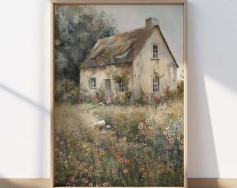 Vintage Haus Druck, rustikale Bauernhaus Wand-Dekor, gedeckte Farben Wildblumen bedruckbar, Wohnzimmer Kunst, Landschaft ländliche Landhaus Kunst