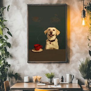 面白いラブラドールのコーヒープリント、コーヒーを飲む犬のウォールアート、トレンディなキッチンの装飾、ラブラドール愛好家へのギフト、コーヒーステーションのポスター