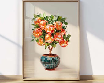 Orange Disco Ball Print, Retro Fruit Mirror Sphere, Maximalist Kitchen Decor, Bar Cart Styling, Funky Interior Accent