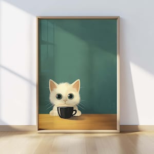 Süße Katzen Illustration Kawaii Weißes Kätzchen Kaffee Illustration für die Küche (Digitaler Download)