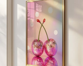 Disco Cherry Wall Art, Pink Kitchen Decor, Girly Apartment Aesthetic, Coquette Room Decor, Trendy Bar Cart Poster