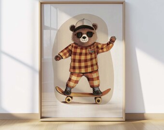 Väggkonsttryck med skateboardbjörn, cool nallebjörnsaffisch, dekoration för pojkrum, djurkonst för barnrum, skaterbarntryck, digital nedladdning