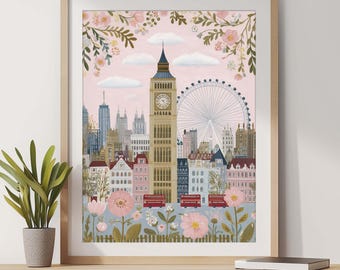 London Wall Art Print, London Travel Poster, Vintage London Decor, Big Ben Artwork, English Cottage Wall Art