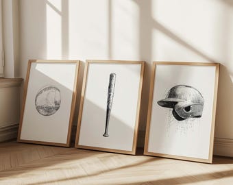 Baseball Wandkunst 3er-Set, Schwarz-Weiß-Sportdrucke, Triptychon-Dekor, Ball Bat Helm Poster, Jungenzimmer, Teen Geschenk, Manneshöhle