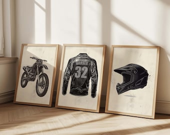 Juego de 3 piezas de arte mural de motocross personalizado, póster de motocross personalizado con nombre y número, decoración para habitación de adolescente, impresión de carreras grunge en negro, regalo