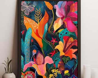 Maximalistische Blumenwandkunst, bunte botanische Druck, mutige Blumenillustration, Dopamin-Dekor-Plakat