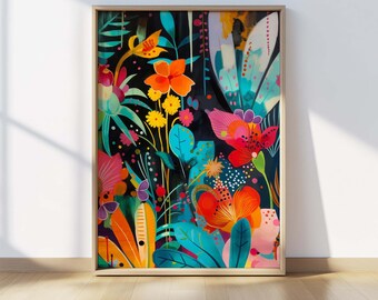 Maximalistische Blumenwandkunst, bunte botanische Druck, vielseitige Wohnzimmerdekoration, lebendige Blumenkunstwerk, Dopamin-Wanddekoration