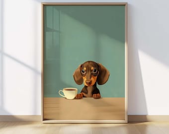 Teckel koffie print, schattige hond keuken kunst aan de muur, grappige wiener hond poster, koffieliefhebber cadeau, eigenzinnig café decor, digitale download