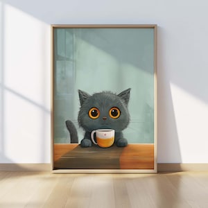 Grey Cat Coffee Print: Kawaii Kitchen Art (Instant Download)