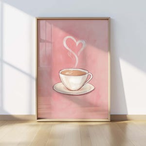 Heart Steam Coffee Print: Pink Cafe Poster, Cozy Kitchen Decor (Digital Download)