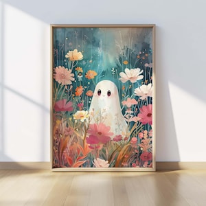 Süßer Geist im Blumen Feld Kunstdruck, Pastell Halloween Wanddekoration, wunderliches Herbst Poster, Kawaii Herbst druckbare, gemütliche Cottagecore Kunst