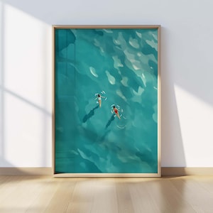 May include: A framed art print depicts two figures swimming in turquoise water. The artwork has a minimalist style, with the figures in swimsuits and long shadows. The print is displayed on a wooden floor against a white wall.