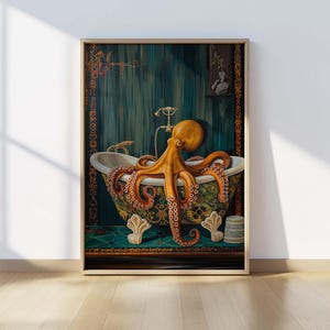 Octopus in Bathtub Print: Whimsical Bathroom Wall Art (Digital Download)