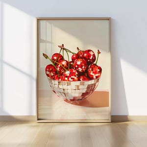 Retro Kirsch Diskokugel Print - Pop Art Dekor, coole Küchen Wandkunst, fröhliches Obst, lustige Musik, Dance Party Vibes