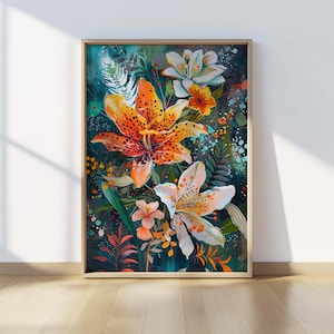 Lily Wall Art: Maximalist Botanical Print, Colorful Flower Poster, Eclectic Dopamine Decor (Digital Download)