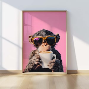 面白い猿のコーヒーウォールアート（印刷可能）、サングラスをかけたクールな動物のポスター、ピンクのドーパミン装飾、風変わりなバーカートやカフェのアートワーク