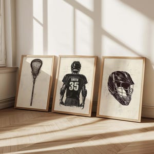 Juego de arte de pared de lacrosse personalizado, póster con nombre y número personalizados, trío de impresiones de jugador con casco de palo, decoración deportiva con diseño retro