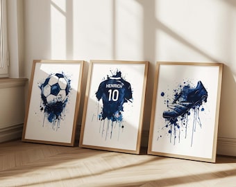 Personalized Soccer Name Print Set of 3, Boys Football Room Decor, Jersey Number Wall Art, Sports Gift for Son, Printable Poster