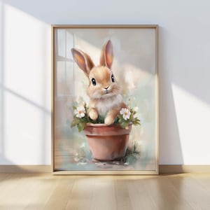 Cute Bunny in Flower Pot Print, Baby Rabbit Wall Art, Nursery Animal Poster, Spring Woodland Decor, Pastel Bunny Illustration