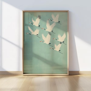 Impresión de grullas japonesas voladoras, póster de pájaros de estilo japonés, decoración natural minimalista, arte de pared asiático elegante, regalo estético zen para amantes de las aves