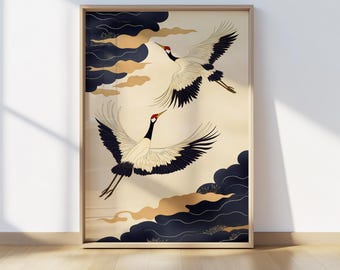Plaque Murale Asiatique, Grues Feuille D'or, Art Mural Bois Vintage, Grande Taille