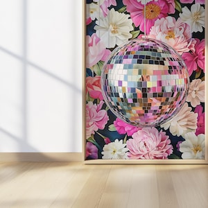 Pink Blumen Disco Ball Print, Maximalist Pfingstrose Spiegelball Wandkunst, Bold Dopamin Decor, trendiges Girly botanisches Poster, Geschenk für Sie