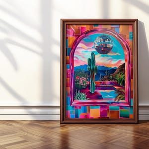 Mexikanischer Kaktus und Disco Ball Print, Disco Ball Maximalist Poster, Bunte mexikanische Wandkunst, Vivid Bold Dopamin botanisches druckbares Geschenk