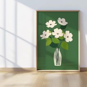 Impresión de jarrón de flores minimalista, arte de pared botánico moderno, ilustración floral blanca, póster de naturaleza estética, decoración del hogar verde y blanca