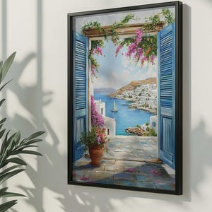 Impresión mediterránea con ventana abierta, arte mural costero de una isla griega, contraventanas azules y buganvillas, póster de viaje fauvista de Santorini