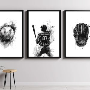 Personalized Black and White Baseball Prints Set of 3, Custom Name & Number Wall Art, Baseball Gift for Him, Boys Room Decor