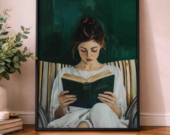 Lámina de mujer leyendo, arte de pared vintage en verde salvia para rincón de lectura, póster para amantes de los libros, decoración literaria para la pared