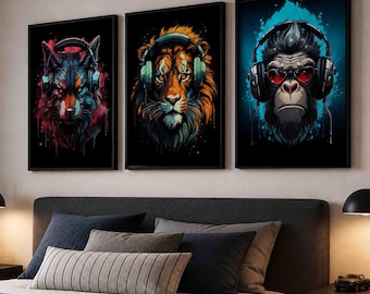 Ensemble de 3 affiches murales animaux pour gamers, posters néon lion et gorille, décoration pour salle de jeux, affiches pour chambre de garçon